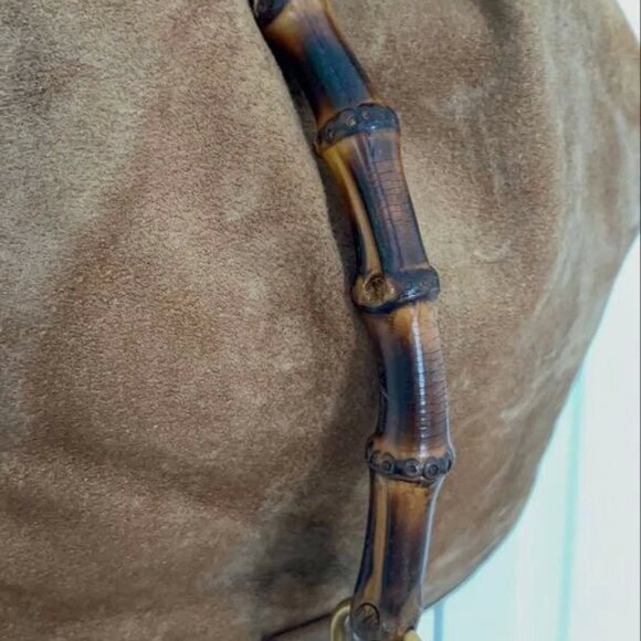 Bamboo Suede Leather Backpack Brown Drawstring Rucksack Bag - Picture 5 of 7